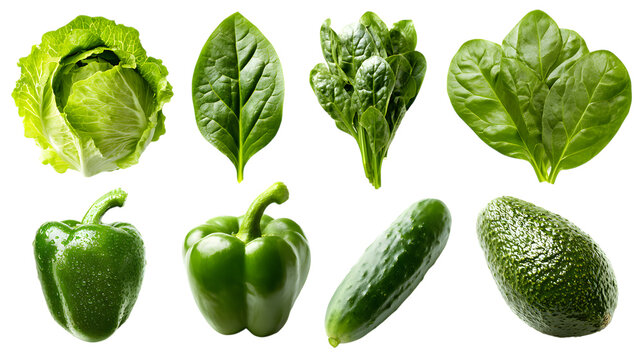 Fresh green vegetables for healthy eating, organic food, culinary ingredient, salad preparation isolated on white background