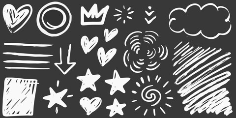 Collection of hand drawn white doodle elements including hearts stars crowns clouds arrows and abstract shapes on a dark background