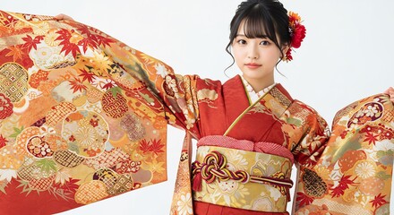 Elegant woman gracefully displays vibrant autumnal kimono soft light enhances rich colors. AI Generated
