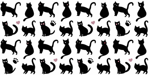 Seamless pattern of black cat silhouettes in various poses with pink hearts and paw prints