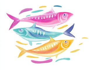 Fototapeta premium Three Stylized Sardines in Pink, Blue, and Yellow, Graphic Illustration on White, Colorful, Fish Illustration, Aquatic Animals, Modern Design