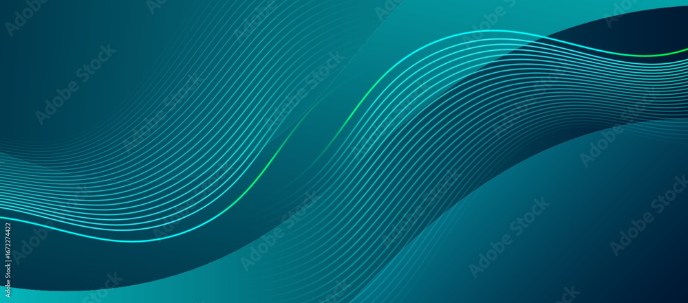 Poster abstract green gradient background with smooth flowing blue waves and curved line patterns.