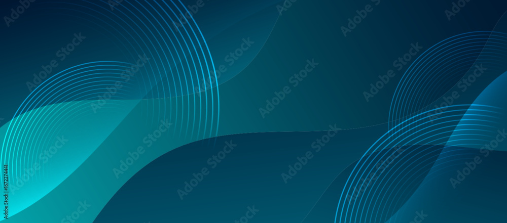 Poster circular line pattern on dark green gradient background with abstract geometric shapes