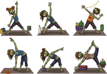 Zombie yoga girls cartoon, undead workout illustration, spooky fitness vector, Halloween exercise art, creepy stretching characters, horror gym design, funny monsters © Hey this is Tazim