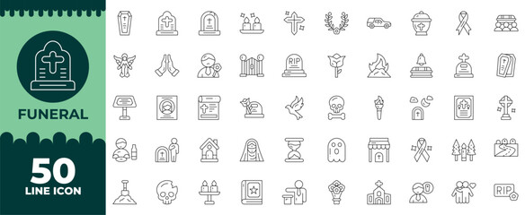 Funeral Editable Icons set. Vector illustration in modern thin line style of funeral related icons: cemetery, flower, death, and more. Isolated on transparent background