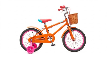 Vibrant orange kids bike gleams brightly against white background Training wheels add extra safety. AI Generated