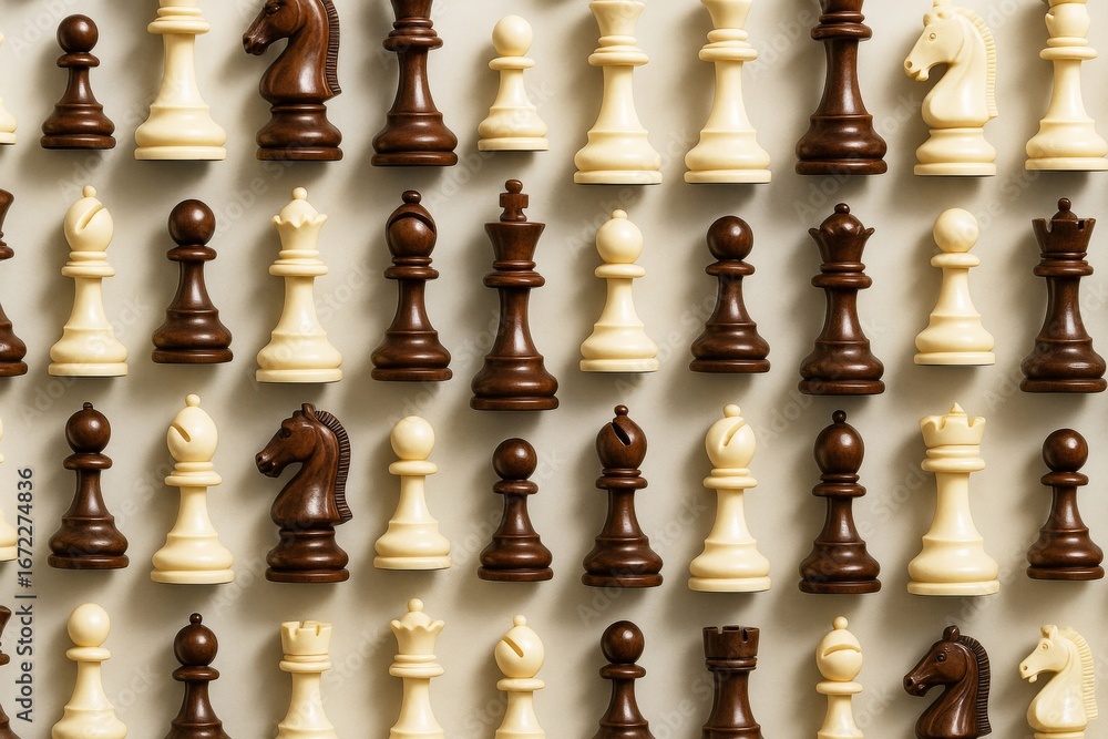 Poster chess pieces arranged in alternating dark and light colors on neutral background, showing full set o