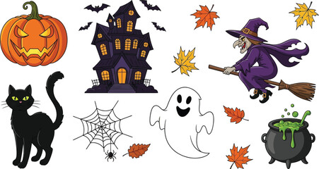 Halloween cartoon elements featuring witch pumpkin and haunted house