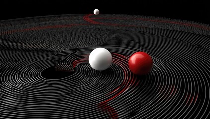 Binary orbit, spacetime, swirling, red, white spheres, black background, science concept