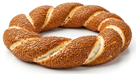Golden sesame bread ring baked perfectly against bright white background. AI Generated