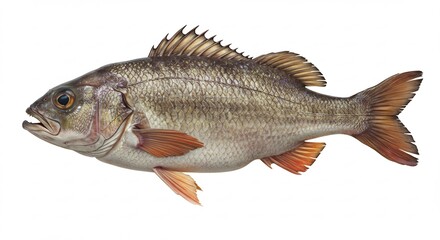 Fototapeta premium Striped fish powerfully swims against bright white background showcasing detailed scales and fins. AI Generated