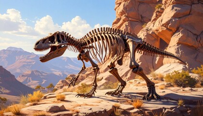 The fossilized skeleton of an ancient Tyrannosaurus Rex dinosaur displayed in its natural rocky desert habitat