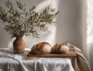 Rustic bread with olive branch