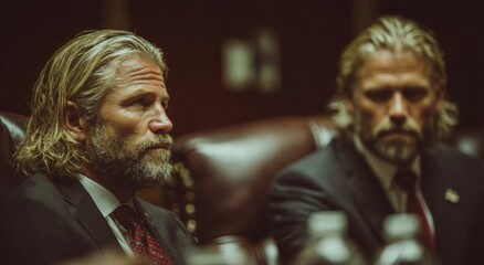 Obraz premium Serious Business Meeting: Two Bearded Men in Suits Discuss Strategy in an Indoor Office Setting