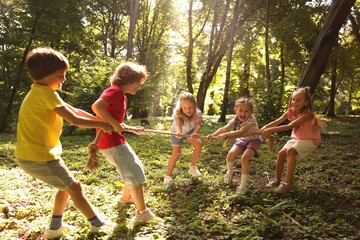Cute little kids playing tug of war in park