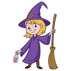 Cute Cartoon Witch Girl with Magic Potion and Broomstick Vector Illustration