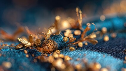Teal and Gold Textile Detail.  A close-up showcases intricate gold embellishments on a rich teal fabric, creating a luxurious and textured aesthetic