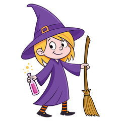 Cute Cartoon Witch Girl with Magic Potion and Broomstick Vector Illustration