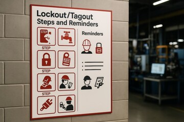 Lockout tagout safety procedure sign with visual reminders mounted on wall in factory workplace environment for industrial awareness training. Ai generative