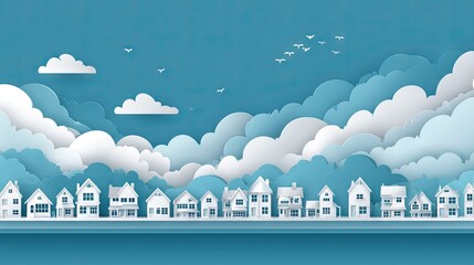 Row of houses nestled amidst fluffy clouds.