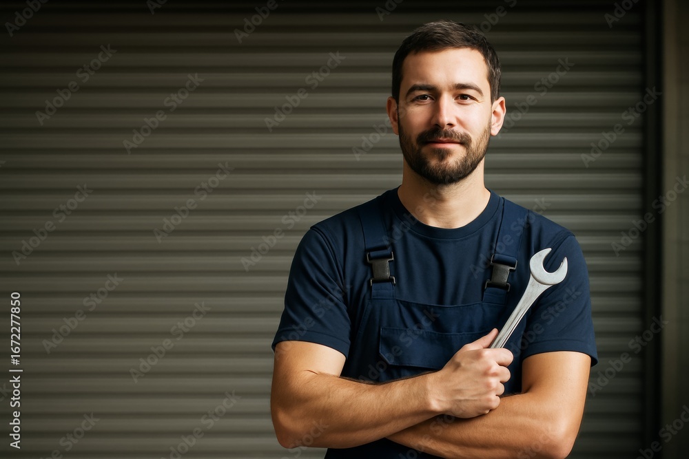 Poster confident male mechanic holding wrench in blue uniform standing in front of industrial shutter with 