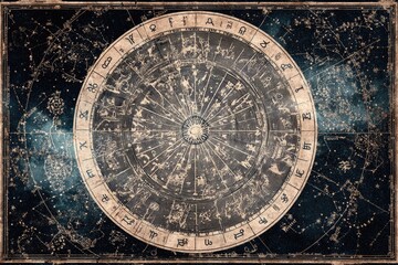 Vintage parchment astrological chart with zodiac symbols and celestial map overlay, cosmic sky edges, high-resolution editorial style