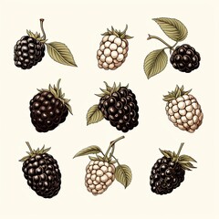 Vintage Botanical Illustration of Blackberries and Leaves, Retro Style Berry Clipart Set