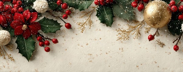 Festive Christmas Arrangement with Berries, Holly, Gold Ornaments, and Snow on White
