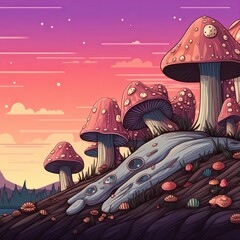 Enchanted Mushroom Landscape Whimsical Fantasy Scene with Colorful Fungi and Dreamy Sunset