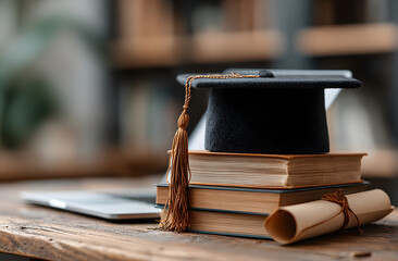 Graduation concept photo. Mortarboard hat, books, diloma scroll rest on laptop Education, online learnin, e-learning, distance eduation, university, collegecourses modern trends. Grauation