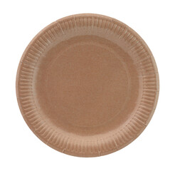 Kraft plate isolated on transparent background, top view. Minimalist tableware for restaurant and...