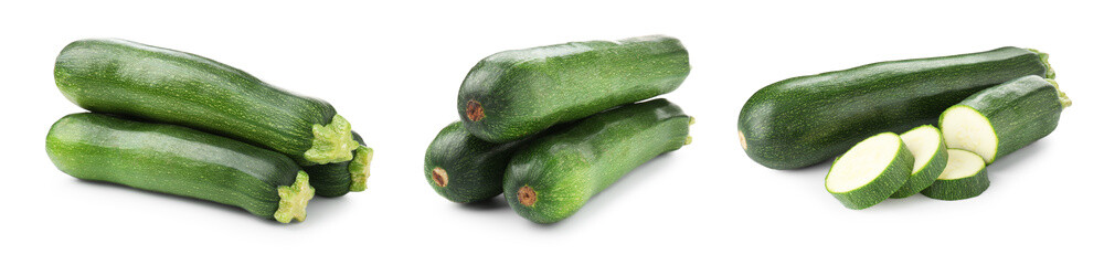 Fresh ripe zucchinis isolated on white, collage