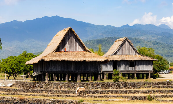 Torogan House Thatched roof building with mountains in the background Las Casa Filipinas de Acuzar Bataan Philippines January 22 2025 