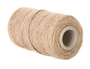 Jute burlap twine spool isolated on transparent background. Natural fiber for eco and zero waste packaging, craft and DIY, gardening, rustic decor and branding mockup. Full focus photo