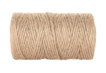 Jute burlap twine spool isolated on transparent background. Natural fiber for eco and zero waste packaging, craft and DIY, gardening, rustic decor and branding mockup. Full focus photo