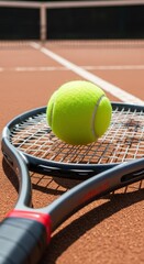 Close-up view of a vibrant yellow tennis ball resting on a tennis racket, showcasing the intricate strings and texture against a clay court background, highlighting sports equipment