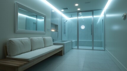 Modern bathroom featuring a smart shower system with app control, temperature presets, and a water usage tracker. Sleek design with ambient lighting and a comfortable seating area.