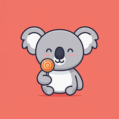 Fototapeta premium A cute cartoon koala with a happy smile holding a colorful swirl lollipop.