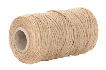 Jute burlap twine spool isolated on transparent background. Natural fiber for eco and zero waste packaging, craft and DIY, gardening, rustic decor and branding mockup. Full focus photo