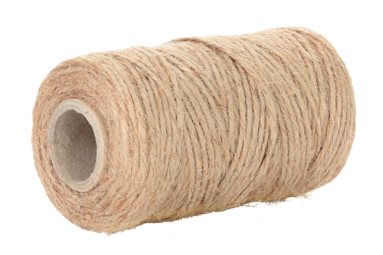 Jute burlap twine spool isolated on transparent background. Natural fiber for eco and zero waste packaging, craft and DIY, gardening, rustic decor and branding mockup. Full focus photo