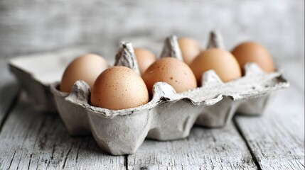 Brown eggs in an eco-friendly carton, beautifully arranged on reclaimed wood for a clean and calm aesthetic.