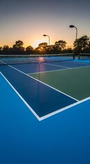 Tennis court at sunset, featuring vibrant blue surface and white lines, surrounded by empty spectator seats, creating a serene atmosphere for the sport
