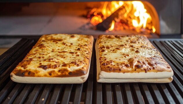 Two rectangular pizzas fresh from a wood-fired oven, golden crust and melted cheese