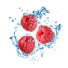 Fresh ripe raspberries and water splashes in air on white background
