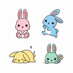 A cute set of funny cartoon rabbit and bunny characters for a happy Easter holiday card design