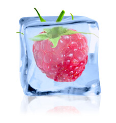 Ripe raspberry in ice cube on white background