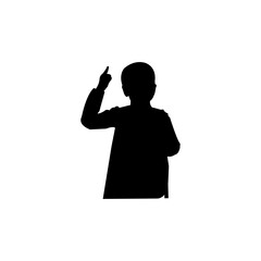 A simple, impactful silhouette of a child, likely a boy, pointing upwards with one finger.