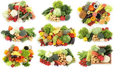Collection of fresh organic vegetables and fruits on white background, top view