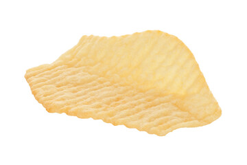 Single potato chip isolated on transparent background in full focus. Crispy salted snack food for...