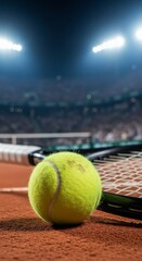 Close-up view of a vibrant yellow tennis ball resting on a tennis racket, showcasing the intricate strings and texture against a clay court background, highlighting sports equipment